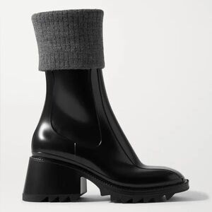 Chloe Betty Mohair Ribbed Sock Rubber PVC Ankle Heeled Rain Boots Black Gray